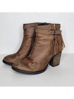 Steve Madden Woodmeer Cognac Leather Fringe Booties Women's Size 7.5